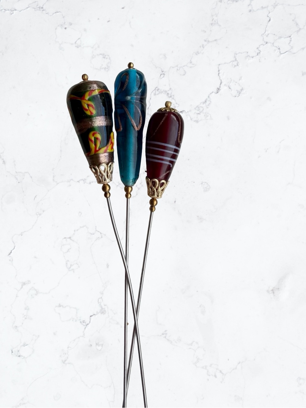 3 Vintage Murano Glass Hatpins Artisan Lampwork Handmade